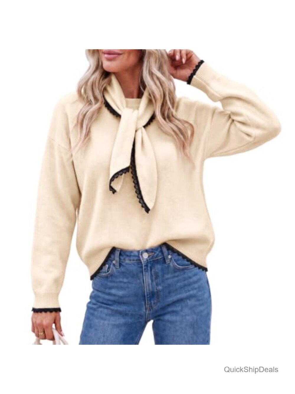 Scarf Collar Lace Trim Pullover Sweater Long Sleeve Lace Trim